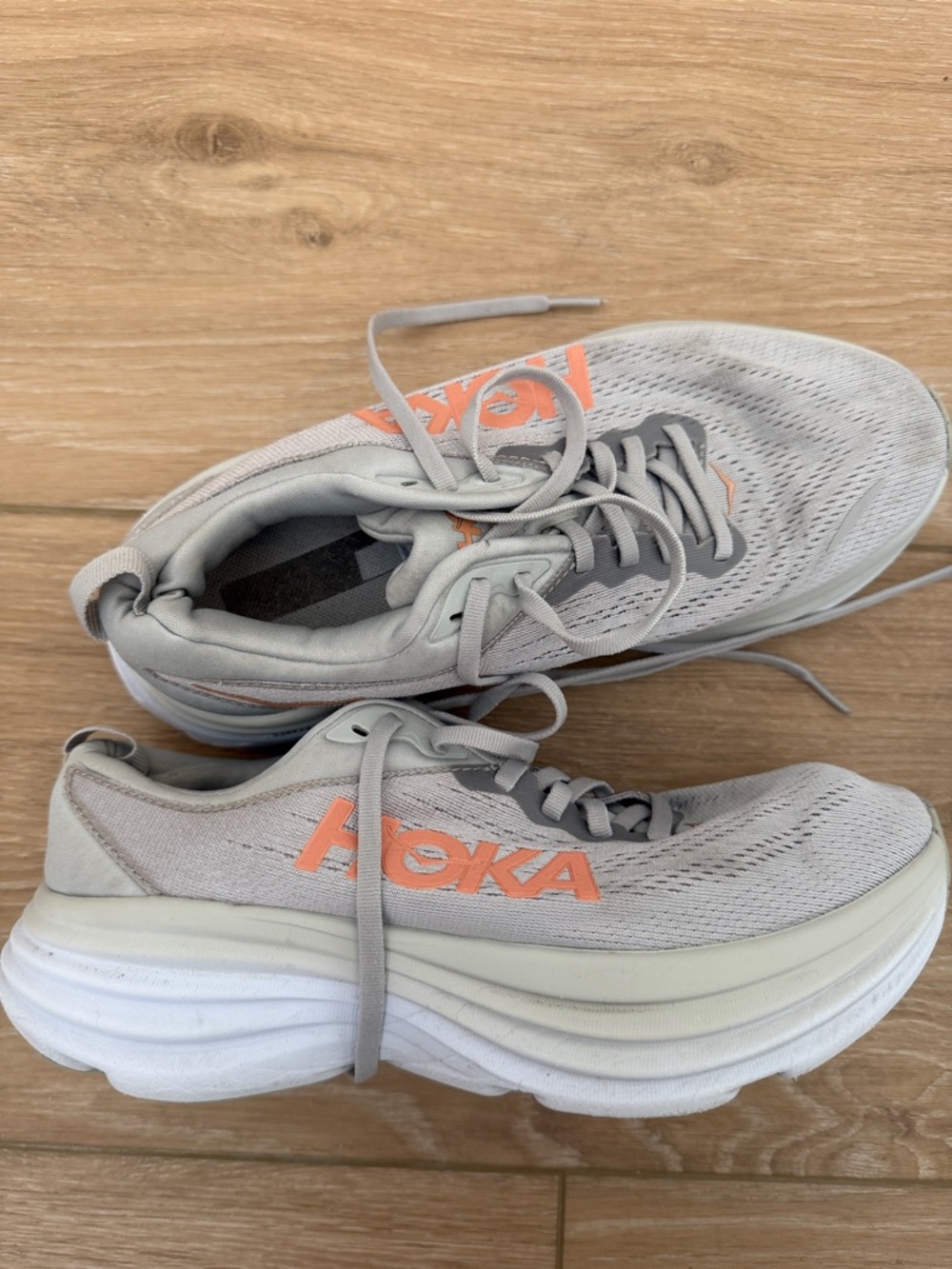 Hoka Women's Light Gray and Coral Athletic Running Shoes